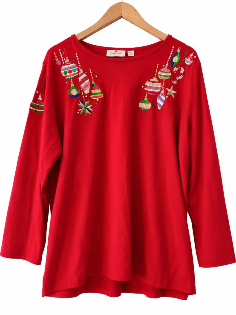 Quacker Factory Red Christmas Ornament Sequin Embroidered Tunic Holiday 2X